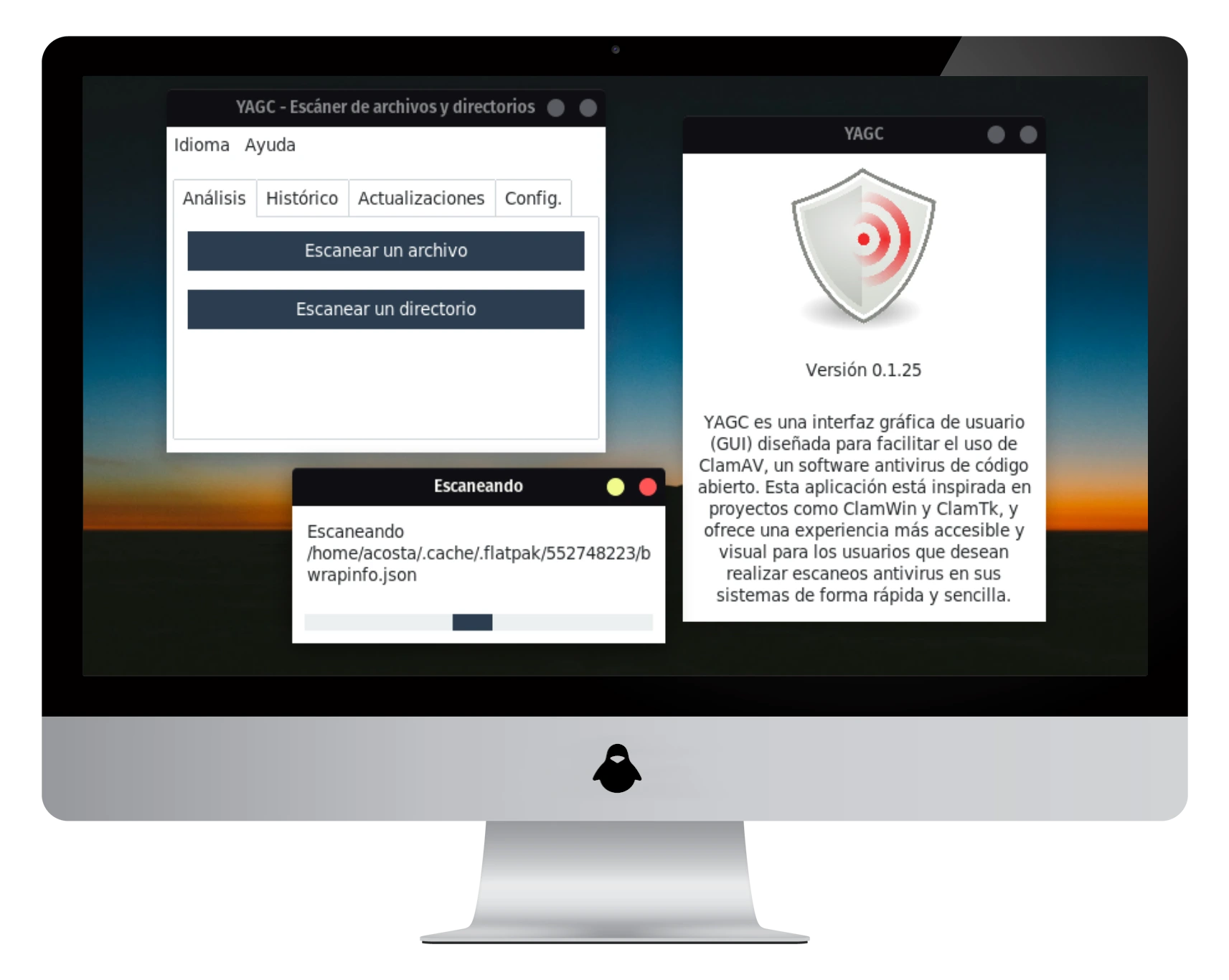 Vista previa de YAGC (Yet Another GUI for ClamAV) en escritorio